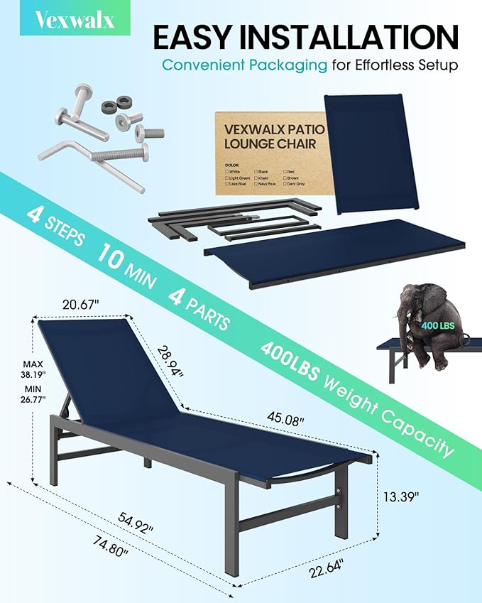 Vexwalx Outdoor Lounge Chair for Pool, Aluminum Chaise Lounge Chairs with 5-Position Recliner, Patio Lounge Chair for Backyard, Poolside, Deck, Lawn (Navyblue)