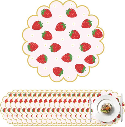 100Pcs Strawberry Paper Placemats Pink Fruit Place Mats 13.5 Inch Disposable Round Decorative Dining Table Mats with Scalloped Edge for Spring Summer Picnic BBQ Birthday Bridal Wedding Party Supplies