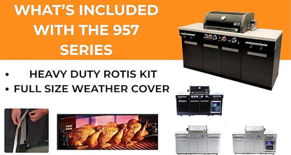 Mont Alpi Premium 70"W x 24"D Black Stainless Steel Compact Outdoor Kitchen Island with Access Doors + 32"W 4-Burner BBQ Grill with Infrared Rear Burner + Storage Cabinets + White Granite Countertops