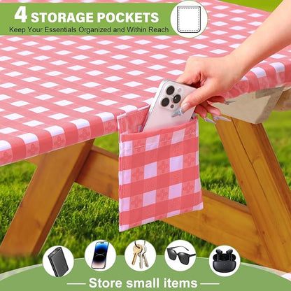 Fitted Picnic Table Cover with Bench Covers Waterproof Elastic Edges Rectangle Patio Tablecloth Outdoor Camping Essentials Stuff Rv Accessories Summer Trip Travel Supplies Party Camper Gifts, 8 ft