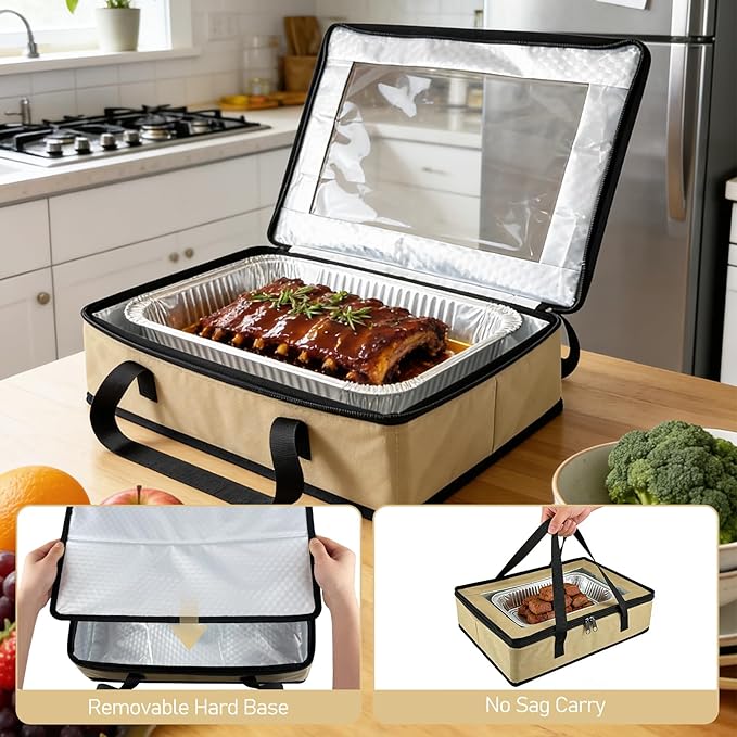 BANGIE BBQ Meat Resting Blanket & 9x13 Foil Pan Carrier - Leakproof Insulated Casserole Transport Bag with Visual Window, Rigid Hard Bottom - Birthday Father's Day Grilling Gifts for Men Dad, Khaki