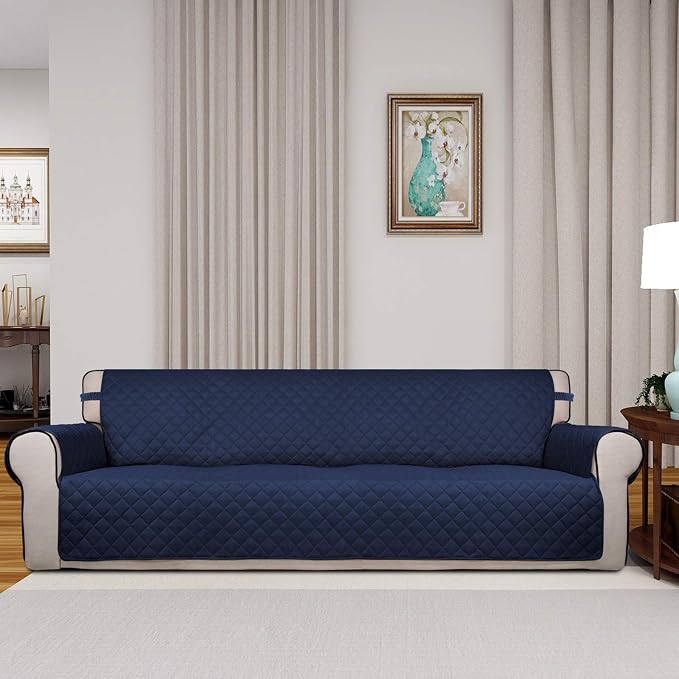 PureFit Reversible Quilted Couch Covers for Dogs Sofa Cover 4 Seater 88" | Navy/Ivory, Water Resistant Couch Protector, Washable Pet Couch Cover with Non Slip and Elastic Straps For Kids