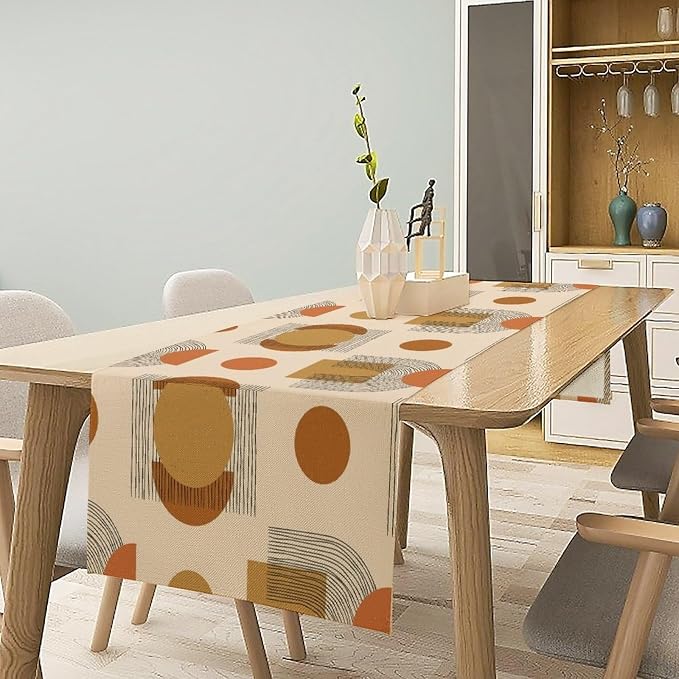 Mid Century Moon Sun Table Runner, Aesthetic Abstract Geometric Shapes Creative Minimalist Bohemian Modern Design Dinner Runner for Home Kitchen Dining Table Decoration 13"x120"
