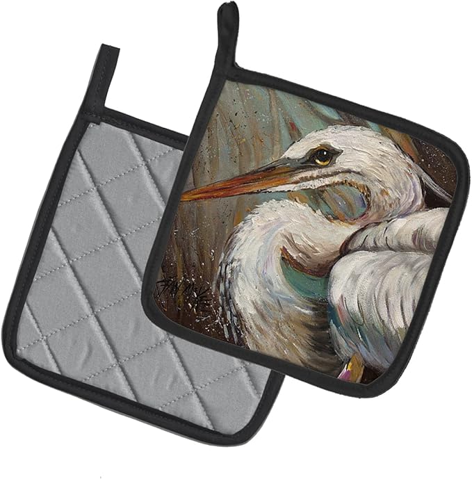Caroline's Treasures JMK1212PTHD White Egret Pair of Pot Holders Kitchen Heat Resistant Pot Holders Sets Oven Hot Pads for Cooking Baking BBQ, 7 1/2 x 7 1/2