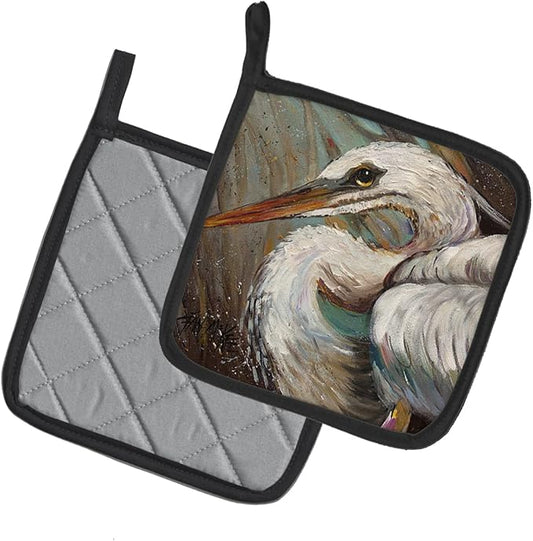 Caroline's Treasures JMK1212PTHD White Egret Pair of Pot Holders Kitchen Heat Resistant Pot Holders Sets Oven Hot Pads for Cooking Baking BBQ, 7 1/2 x 7 1/2