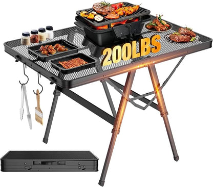 Raynesys Portable Folding Grill Table for Ourdoor, Camping, Picnic, BBQ | Foldable Grill Table with Mesh Desktop, 200lbs 3Ft Height Adjustable Metal Table, 35.4" L x 23.6" W