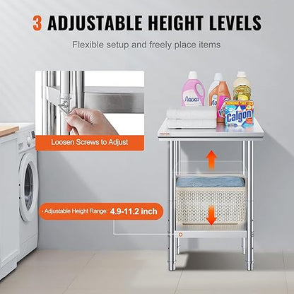 Vevor Stainless Steel 24 x 24 x 32 Inch Commercial Kitchen Prep & Work Table Heavy Duty Metal Work Table with Adjustable Feet for Restaurant, Home and Hotel