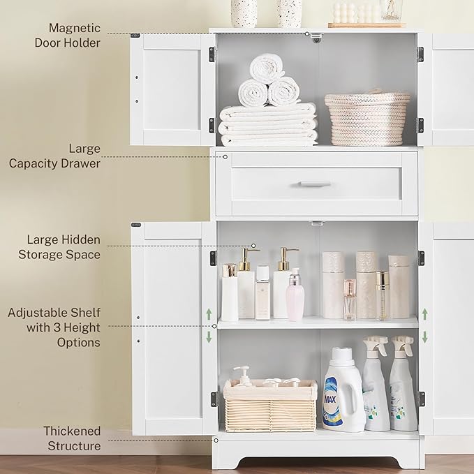 Bathroom Storage Cabinet with Adjustable Shelf & Large Drawer | Tall Storage Cabinet with 4 Doors, Kitchen Pantry Storage Cabinets, for Living Room, Dining Room, Entryway, White