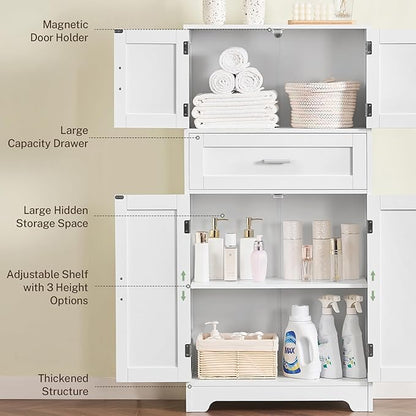 Bathroom Storage Cabinet with Adjustable Shelf & Large Drawer | Tall Storage Cabinet with 4 Doors, Kitchen Pantry Storage Cabinets, for Living Room, Dining Room, Entryway, White