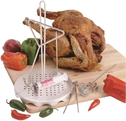 Bayou Classic 0835 Complete Poultry Rack Set Includes Perforated Aluminum Rack Lift Hook 2-oz Seasoning Injector 12-in Fry Thermometer and 3 Detachable Skewers