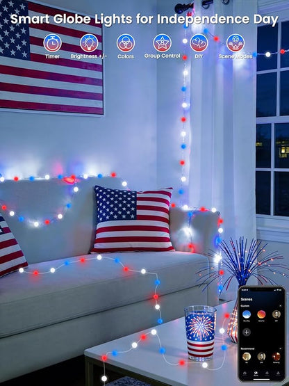 Red White and Blue Smart Color Changing String Lights for Bedroom, 33FT 66LED App Control LED Globe Patriotic Fairy Lights with Remote, 4th of July Decorations Indoor Outdoor for Girl's Room Party
