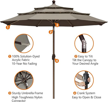 EliteShade USA 10-Year-Non-Fading 10ft 3-Tier Market Patio Umbrella, Commercial Grade Outdoor Table Umbrella with Crank Open, Windproof & UPF 50+ UV Protection, Heavy Duty Ventilation for Garden, Deck, Pool, Backyard, Beach & Bistro, Taupe