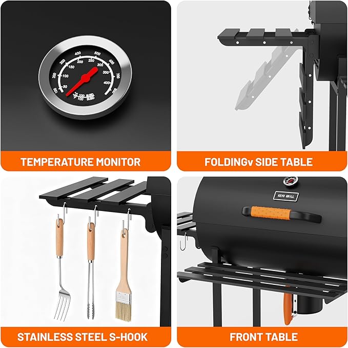 KEYO GRILL 29-Inch Barrel Charcoal Grill, Heavy duty BBQ Grill with Adjustable Air Vent, One Click Cleaning System Barbecue Smoker Grill Combo for Backyard, Camping and Tailgate