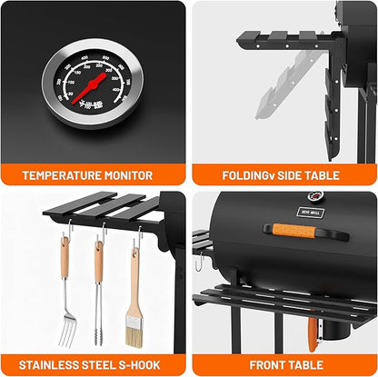 KEYO GRILL 29-Inch Barrel Charcoal Grill, Heavy duty BBQ Grill with Adjustable Air Vent, One Click Cleaning System Barbecue Smoker Grill Combo for Backyard, Camping and Tailgate