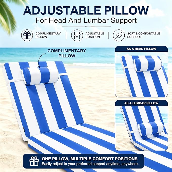 Chaise Lounge Cushion for Outdoor Furniture, Waterproof, Fade-Resistant and Tear Resistant, Patio Lounger Pads with Removable Cover for Pool, Deck, Lawn, 80x26x4 inch, Blue & White Stripe