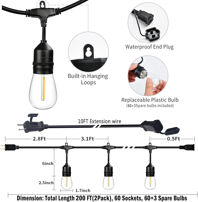 200FT String Lights for Outside LED Patio Lights Outdoor Waterproof | 63 Shatterproof Led Edison Lights,2200K Warm White Bistro Lights,Outdoor String Lights for Backyard Patio Gazebo Pergola Café