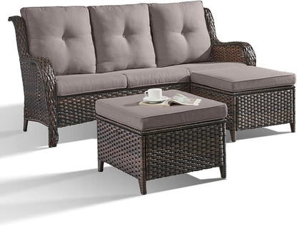 Outdoor Patio Furniture - 3 Seater Outdoor Rattan Wicker Sofa Patio Couch with Ottoman for Porch Deck Garden Backyard - Brown/Grey