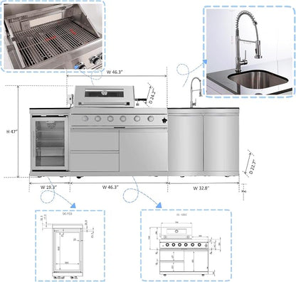 98" Propane Gas Outdoor Kitchen Bar Island Grill with 4-Burner 72000 BTU, Stainless Steel Outdoor Kitchen Island Grill with Wine Cooler Compact Refrigerator, Rotisserie, For Backyard BBQ, Silver