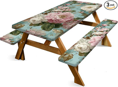 Floral Picnic Tablecloth with Table Cover, Waterproof Elastic Tablecloth for Outdoor Picnic Table, Retro Peony Design, Fits 72in Tables
