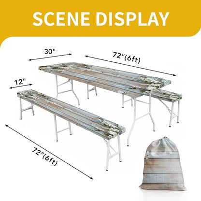 Picnic Table Cover with Bench Covers, 72 X 30 Inch Elastic Fitted Camping Tablecloth with Strap Design for 6FT Rectangle Tables, Windproof Outdoor Tablecloth Set with Storage Bag