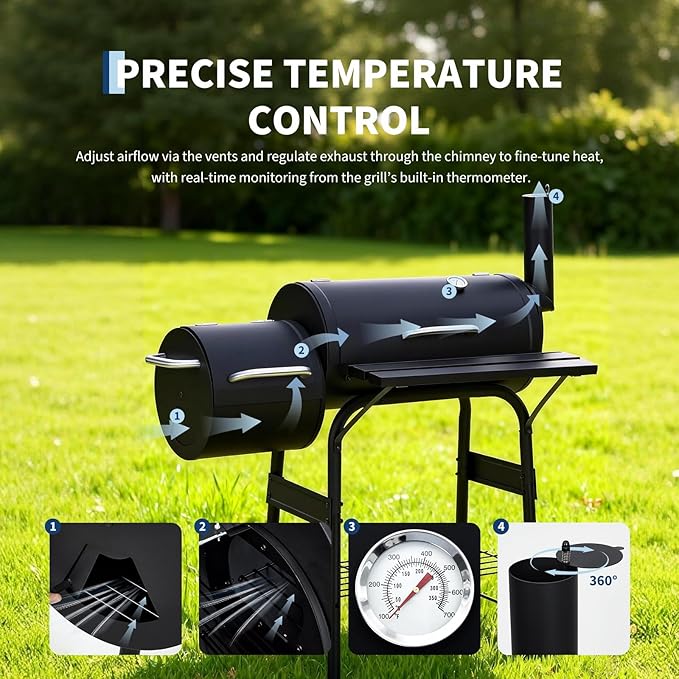 OUTLANE Charcoal Grill with Offset Smoker, 2-in-1 Barrel BBQ Grill and Smoker Combo with Storage Shelf, Built-In Thermometer, Chimney and Wheels, Outdoor Barbecue for Backyard Patio Camping, Black