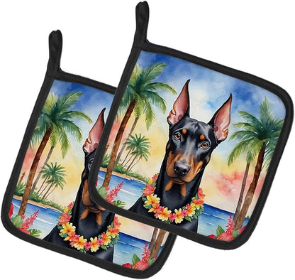 Caroline's Treasures Doberman Pinscher Luau Pair of Pot Holders Kitchen Heat Resistant Pot Holders Sets Oven Hot Pads for Cooking Baking BBQ, 7 1/2 x 7 1/2