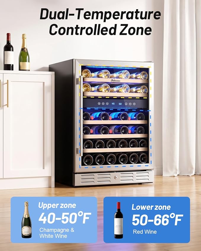 Kalamera 24 Inch Wine Cooler Refrigerator, 46-Bottle Dual Zone Wine Fridge | Built-In/Freestanding Beverage and Wine Refrigerator, 5 Wooden Shelves, Reversible Glass Door, Temperature Memory