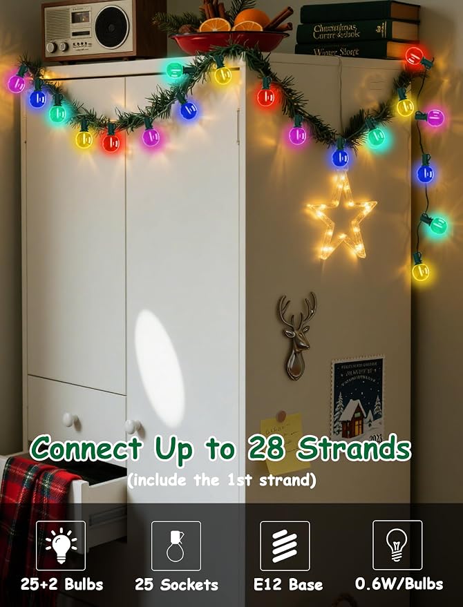 G40 LED Globe Christmas String Lights, 50Ft Multicolor Christmas Decorations Lights Shatterproof with 27 LED Colorful Bulbs, Hanging Patio Lights for Backyard Porch Xmas Tree Party Roofline Garden