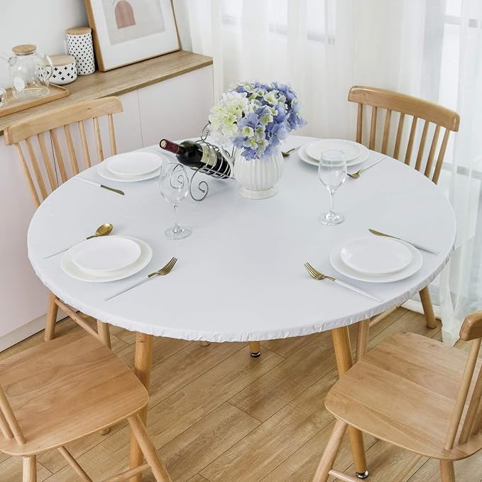 LIBERECOO Round Vinyl Fitted Tablecloth with Flannel Backing Elastic Edge Table Cover Waterproof Stain-Resistant Wipeable Tablecloths Fits 45-56" Round Tables