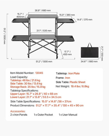 VEVOR Camping Kitchen Table, Slim-Fold Cook Station, Portable Folding Table, with 4 Side Tables, Heat Resistant Tabletop, and Carrying Bag, Ideal for Outdoor Picnics, BBQs, Camping, RV Traveling