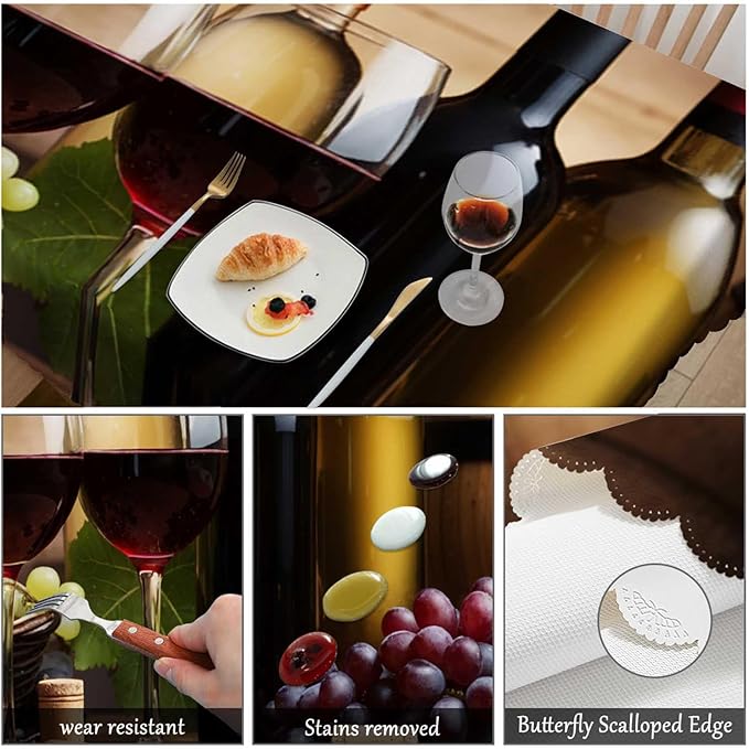 Swono 52x70 Inch Wine Tablecloth Red and White Wine Glass Grapes Wooden Farmhouse Dining Table Cloth Anti-Stain Talking Table Cover for Kitchen Dinning Room Coffee Store