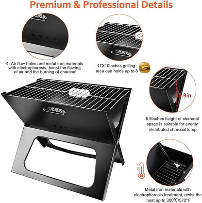 TeqHome Portable Charcoal Grill, Folding BBQ Grill Lightweight Smoker Grill, Small Barbecue Grill Tabletop Outdoor Grills for Camping Picnic Backyard Patio Travel Bonfire Tailgating,17.1''x11''x14.8''