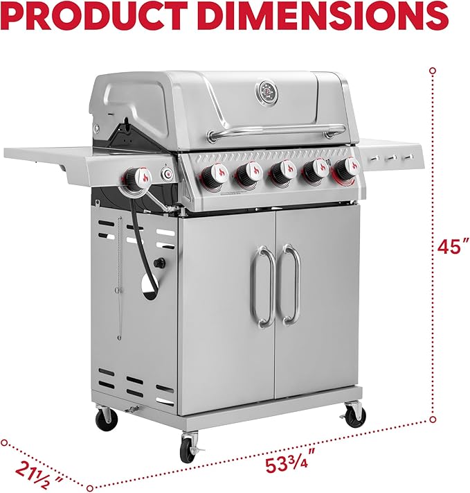 Feasto 5 Burner Propane Gas Grill with Side Burner & Sear Burner, All Stainless Steel BBQ Grill with Porcelain-Enameled Main Cook Chamber & Storage Cabinet for Outdoor Backyard Patio