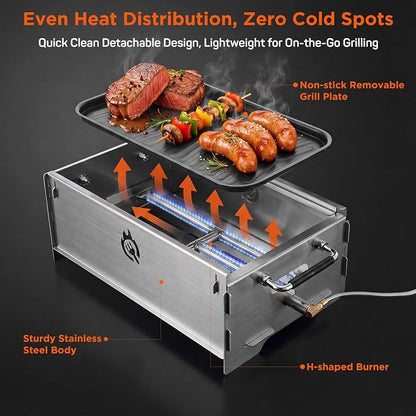 Stainless Steel Portable Tabletop Charcoal Grill, Foldable Camping Grill | Lightweight Mini Gas BBQ Grill & Fire Pit with Griddle Plate & Carry Bag for Camping Tailgating Picnic Travel Backyard Patio