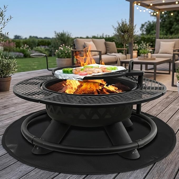 SheeChung Under Grill Mat for Outdoor Grill,Double-Sided Fireproof Oilproof Large Grill Mats,Slip/Heat Resistant Fire Pit Mat,BBQ Grill Accessories,Outdoor Fireplace Mats for Deck Patio Lawn-Round 52"