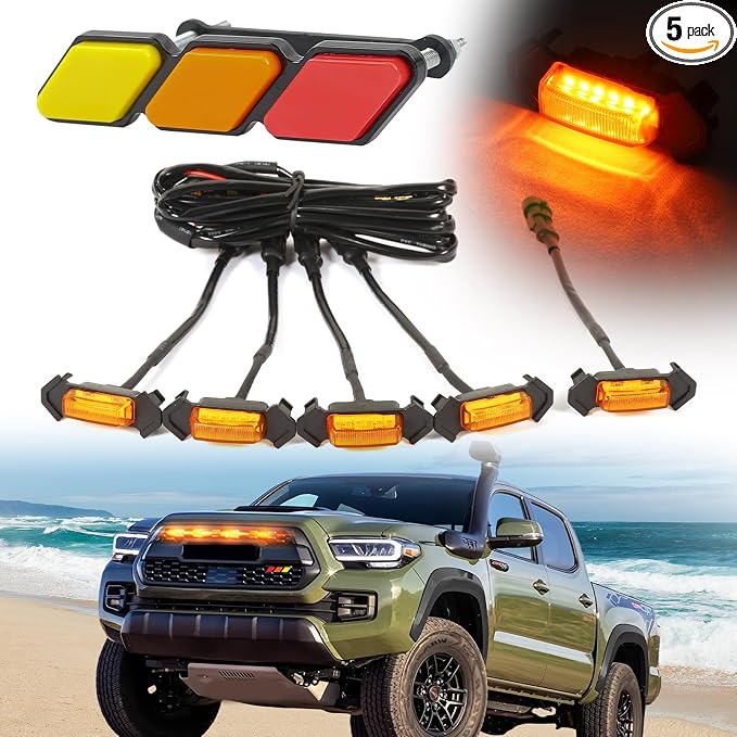 Front Emblems Led Grill Lights for Toyota Tacoma TRD-Pro 2015-2023 | 5pcs,Amber Leds,Yellow Face color + front Emblems tacoma
