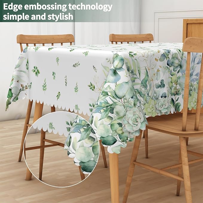 Summer Floral Rectangular Tablecloth 55"x102" – Green Eucalyptus and Flower Design, Fabric Waterproof Table Cloth for Dining, Kitchen, Outdoor BBQ and Picnic Party Decor