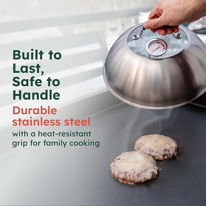 Basting Cover for Griddle with Thermometer and Glass Top, 12-Inch Stainless Steel Melting Dome with Steam Vent for BBQ and Grilling on Flat Top, Blackstone Griddle Accessories