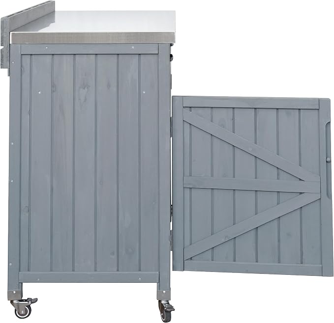 JIVOIT 39.4" Outdoor Kitchen Island with Stainless Table Top, Solid Fir Wood Storage Kitchen Cabinet with Drawer, Adjustable Shelves, Internal Storage Racks & 4 Wheels, Two Doors (Grey Blue/9)