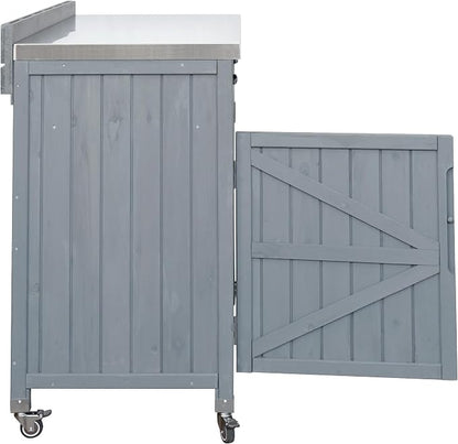 JIVOIT 39.4" Outdoor Kitchen Island with Stainless Table Top, Solid Fir Wood Storage Kitchen Cabinet with Drawer, Adjustable Shelves, Internal Storage Racks & 4 Wheels, Two Doors (Grey Blue/9)