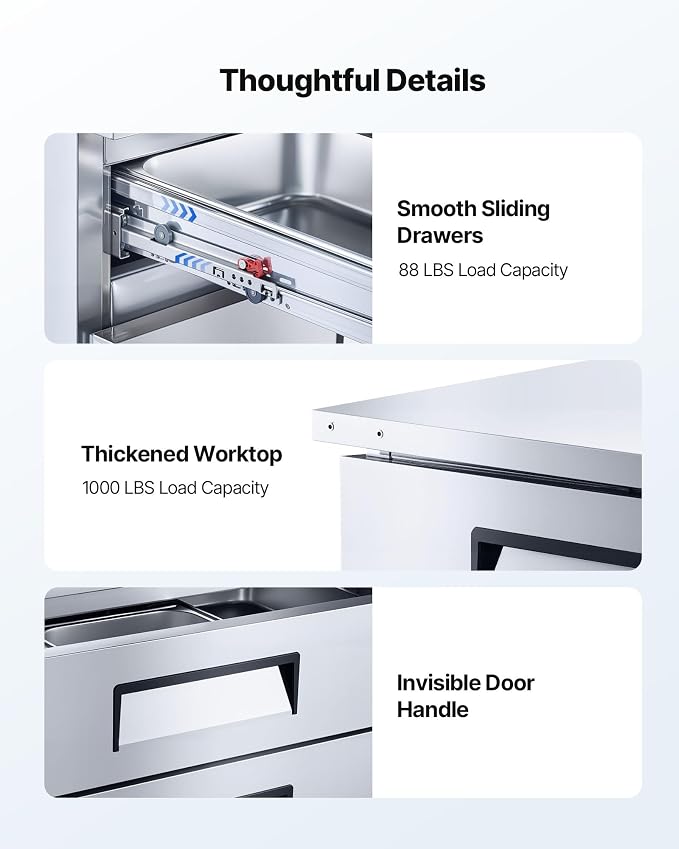 VEVOR Chef Base Refrigerator, 72" W Commercial Chef Bases Worktop Refrigerators, 4-Drawer Under Counter Fridge with 12 Pans Stainless Steel, Heavy-Duty Refrigerated Base, Invisible Door Handle
