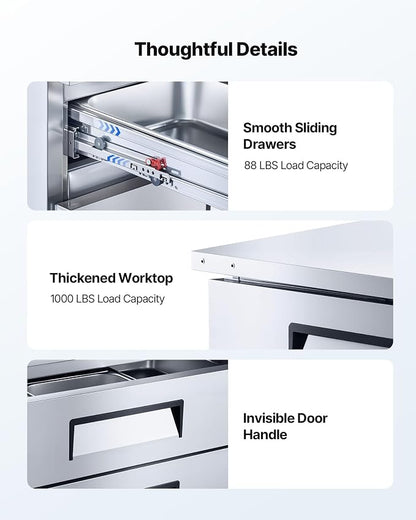 VEVOR Chef Base Refrigerator, 72" W Commercial Chef Bases Worktop Refrigerators, 4-Drawer Under Counter Fridge with 12 Pans Stainless Steel, Heavy-Duty Refrigerated Base, Invisible Door Handle