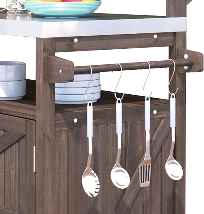 Outdoor Kitchen Island with Raised Shelf,Solid Wood Storage Cabinet with Stainless Steel Top,Outdoor Rolling Grill Cart with Internal Storage Rack, Adjustable Shelf,Spice Rack (Brown#028)