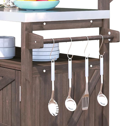 Outdoor Kitchen Island with Raised Shelf,Solid Wood Storage Cabinet with Stainless Steel Top,Outdoor Rolling Grill Cart with Internal Storage Rack, Adjustable Shelf,Spice Rack (Brown#028)