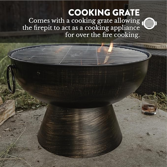 GasOne 22 in Round Outdoor Fire Pit - Wood Burning With Mesh Lid and Fire Picker - Durable Alloy Steel for Outside - Small for Backyard, Porch, Deck, Camping, BBQ
