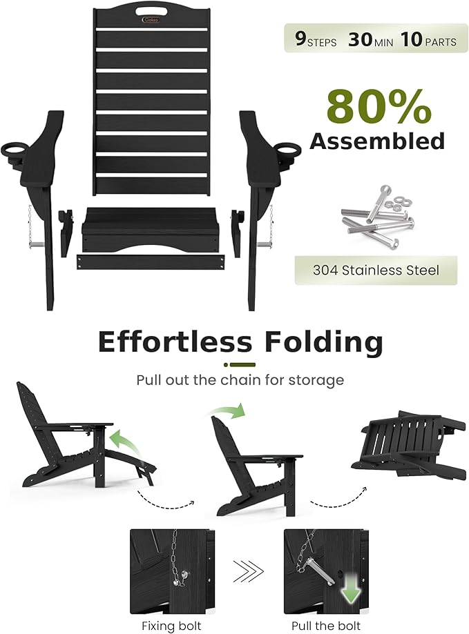Ciokea Folding Adirondack Chair Set of 4 with Retractable Ottoman Fire Pit Patio Chair with Pull Out Foot Rest Weather Resistant Lawn Outdoor Chair with 2 Cup Holder (Black)