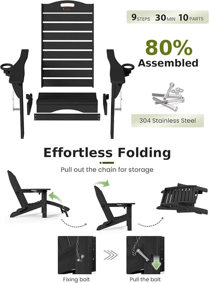 Ciokea Folding Adirondack Chair Set of 2 with Retractable Ottoman Fire Pit Patio Chair with Pull Out Foot Rest Weather Resistant Lawn Outdoor Chair with 2 Cup Holder (Black)