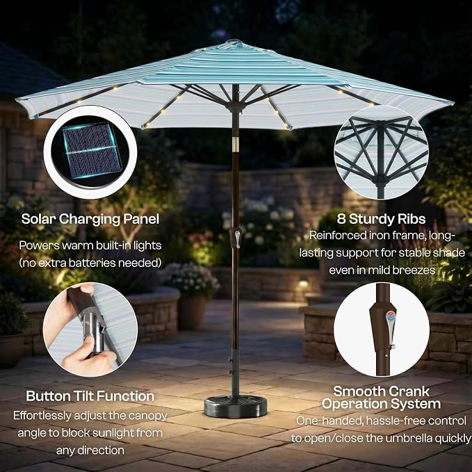 10FT Solar Lighted Patio Umbrella, Outdoor Table Market Umbrellas with Push Button Tilt and Crank, 32 LED Lights, 8 Sturdy Ribs, UV-Resistant for Deck, Garden, Pool
