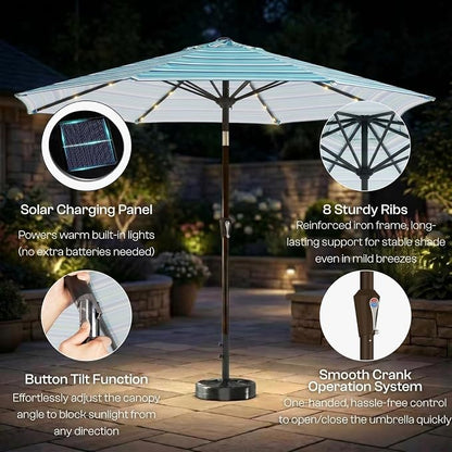 10FT Solar Lighted Patio Umbrella, Outdoor Table Market Umbrellas with Push Button Tilt and Crank, 32 LED Lights, 8 Sturdy Ribs, UV-Resistant for Deck, Garden, Pool
