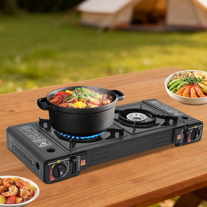 2-Burner Butane Camping Stove, Portable Camping Stove with Adjustable Burners & Carrying Case, Piezoelectric Ignition Camping Burner, Dual Fuel Stove with LPG & Butane Compatibility